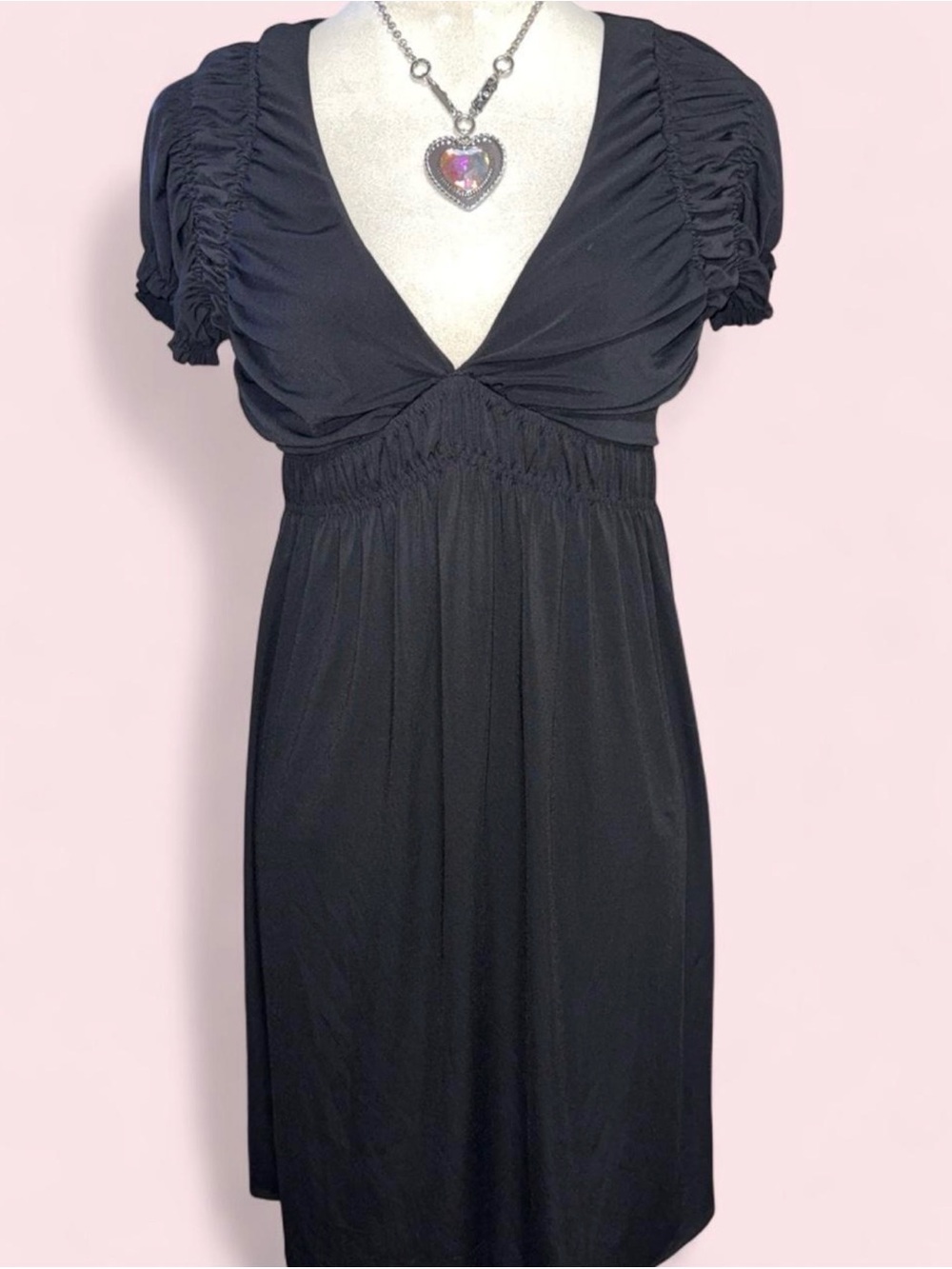 Maggy London Black V-Neck Empire-Style Dress with Ruched Sleeves